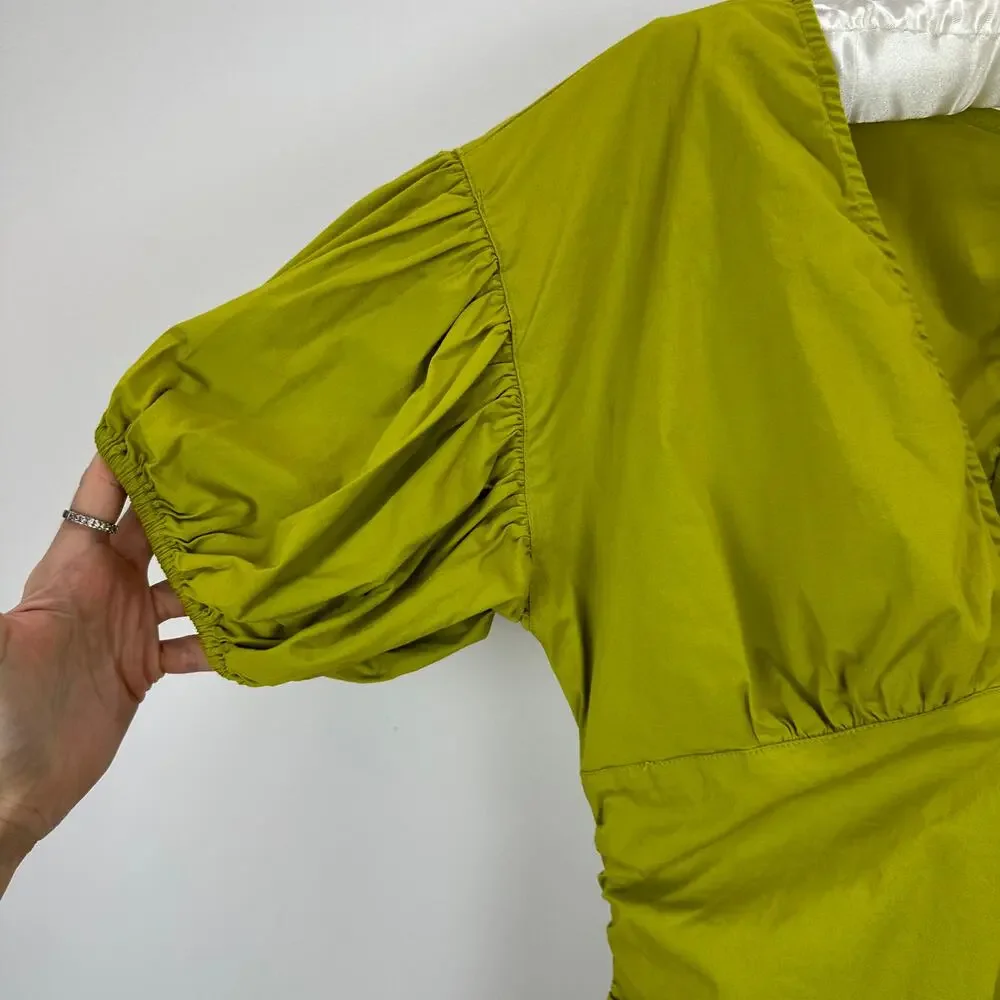 Free People Tastemaker Mini Dress Cotton Ruched Pleated Puff Sleeve Green XS